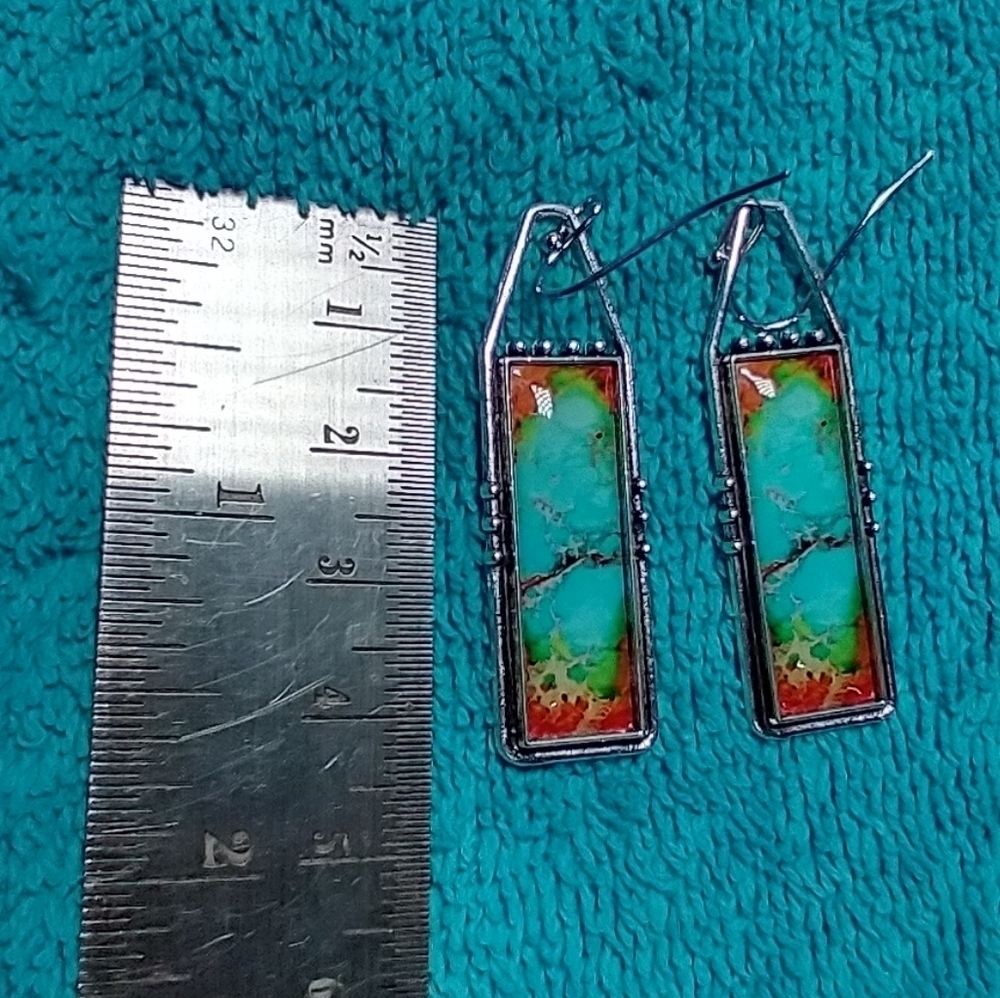 Turquoise and Orange Rectangular Wire Dangle Earrings - Picture 3 of 3